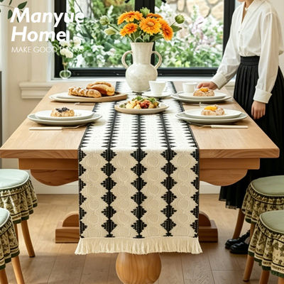 M.life American-style all-cotton black and white woven color-blocking tassel striped diamond-shaped checkered table flag, table closet decorative tablecloth