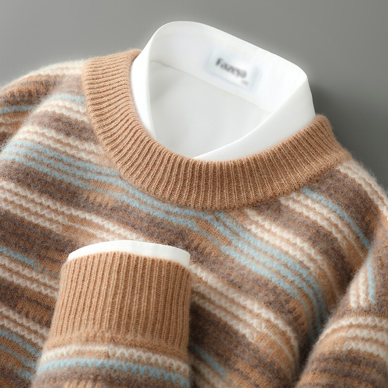 100% Australian Wool Sweater Men's Round Neck Thickened Color-Blocked Sweater Loose Business Casual Cashmere Knitted Base Shirt 100% Australian Wool Sweater Men's Round Neck Thickened Color-Blocked Sweater Loose Business Casual Cashmere Knitted Base Shirt