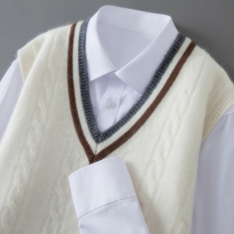 100% Pure Wool Men's V-Neck Vest with Contrasting Color Twist Knit, Autumn and Winter Casual Layered Sleeveless Sweater Vest