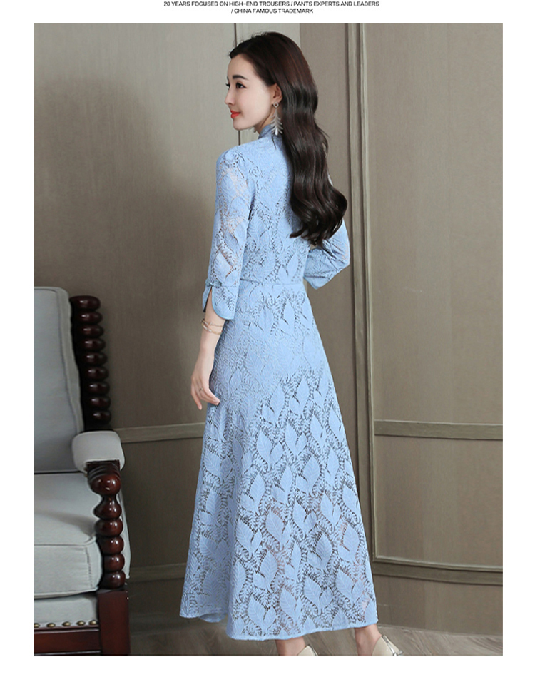 DABI 復古風優雅修身收腰蕾絲長裙改良旗袍七分長袖洋裝
