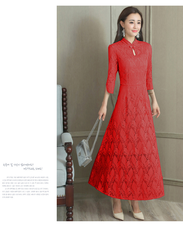 DABI 復古風優雅修身收腰蕾絲長裙改良旗袍七分長袖洋裝