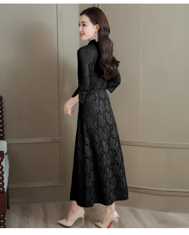 DABI 復古風優雅修身收腰蕾絲長裙改良旗袍七分長袖洋裝