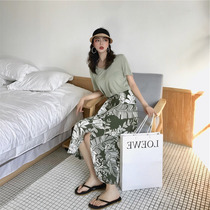 Jumpsuit skirt 2021 New Summer small fresh fresh flower wisdom smoked French Moren matcha avocado green two-piece set