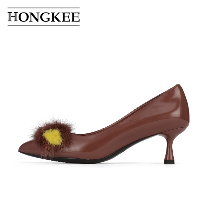 Hongkee/红科 women's single shoes small high-heeled cow leather patent pointed shallow shoes 2018 autumn new H038S304
