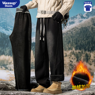 Wassup Dozen American-Style Loose Straight-Leg Jeans for Men, Winter Outdoor Thickened Warm Drawstring Large Size Trousers