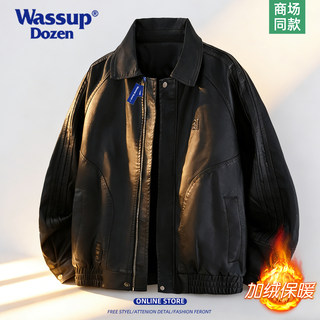 Wassup Dozen Motorcycle Style Leather Jacket for Men, American Retro Warm Lapel Fleece-Lined Jacket, Youth Trendy Coat