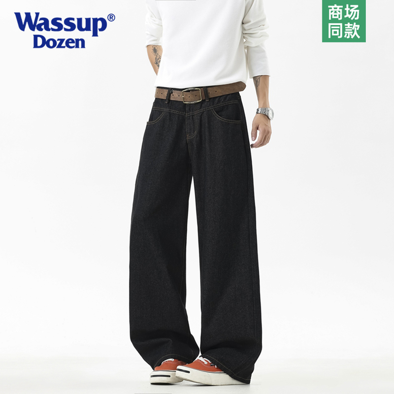 Wassup Dozen Original Black Denim Jeans for Men, Mid-High Waist, Loose Straight Wide-Leg High Street Style, Floor-Length Versatile Pants Wassup Dozen Original Black Denim Jeans for Men, Mid-High Waist, Loose Straight Wide-Leg High Street Style, Floor-Length Versatile Pants