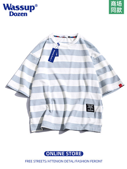 Wassup Dozen Black and White Striped Short-Sleeve T-Shirt for Men 2025 New Model Youth Trendy Brand Crew Neck Heavyweight