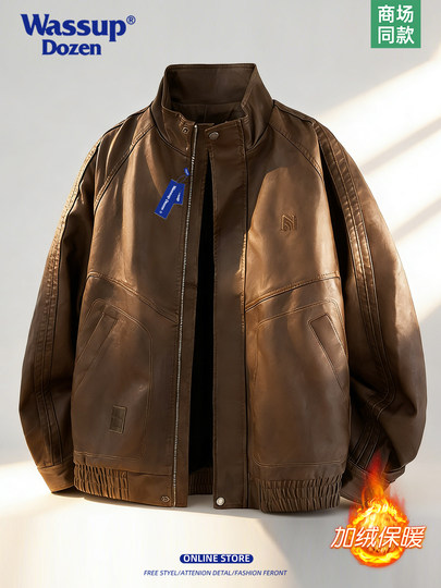 WASSUP DOZEN Casual Leather Jacket 2025 New American Retro Lapel Leather Jacket Men's Velvet Warm Jacket