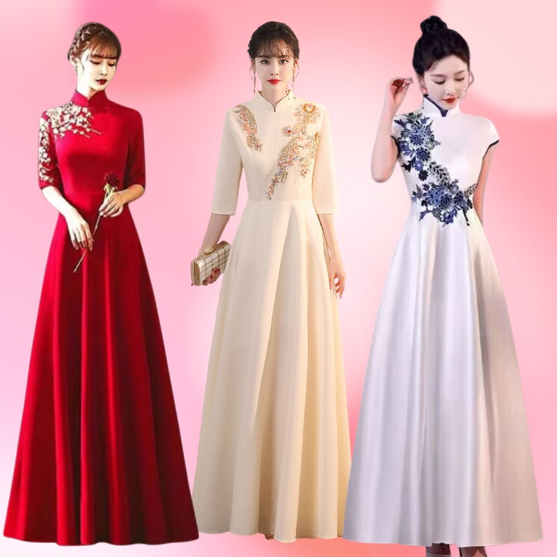 Cheongsam Ceremonial Dress, Long Blue and White Porcelain Style, for Hotel Opening Ceremony, Reception, Award Ceremony, Student Etiquette Team Uniform
