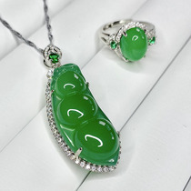 Natural ice species chalcedony pendant womens emerald green bean necklace pendant silver inlaid jade stone crystal agate pendant