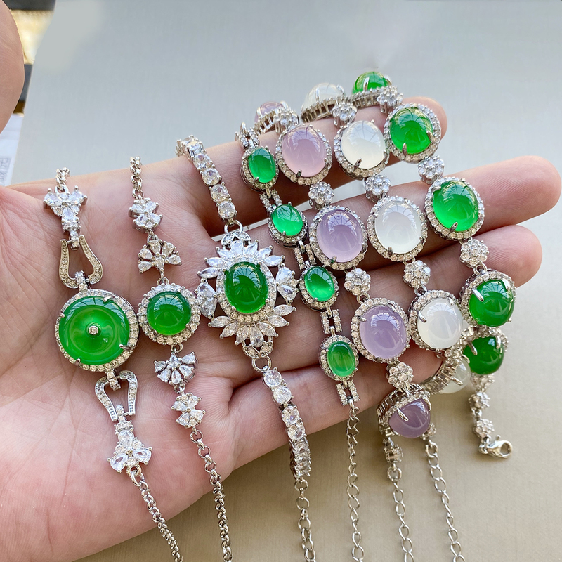 Natural Ice Chalcedony Bracelet for Women, Jade Color, New Chinese Style Bracelet Inlaid with Silver Gemstone Green Agate Bracelet