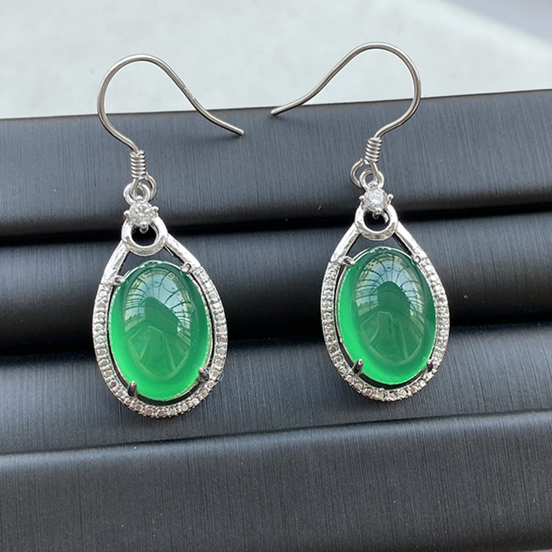 Ice Seed Jade Medullary Pendant Emerald Color Progenitor Green Temperament Long Version Jade Earrings Female Jewel 925 Silver Agate Ear Pin