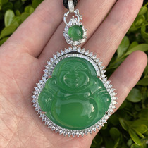 Natural ice species chalcedony pendant female Buddha male necklace pendant jade color jade inlaid agate Buddha pendant