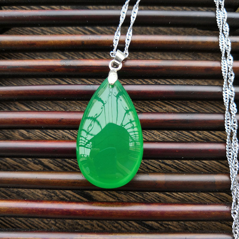 Natural ice seed green jade medullary drop pendants agate silver necklace lock bone pendant children's money emerald color jewel to send girlfriend