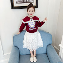 2021 autumn new girl Net red suit Korean childrens sweater + lace skirt two-piece girl tide