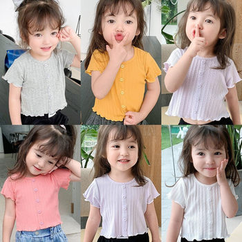 Girls' cotton all-match short-sleeved T-shirt 2021 summer new Korean version baby thin top children's casual cardigan