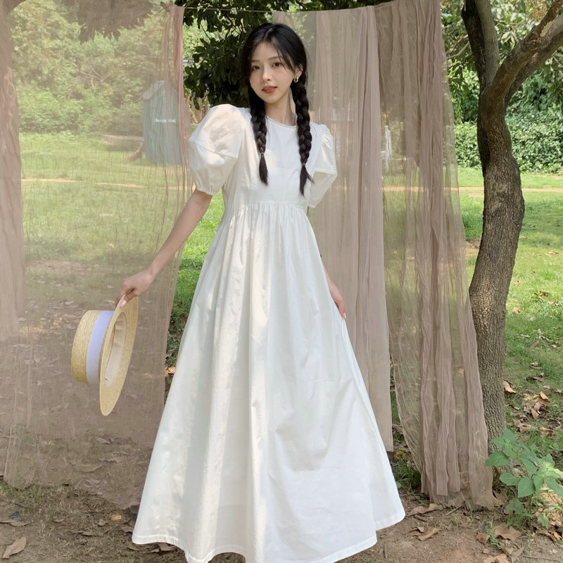 Clearance 125cm Original Design Student Lantern Sleeve Gentle Style Korean Version Loose Fit Floor-Length Slimming Dress
