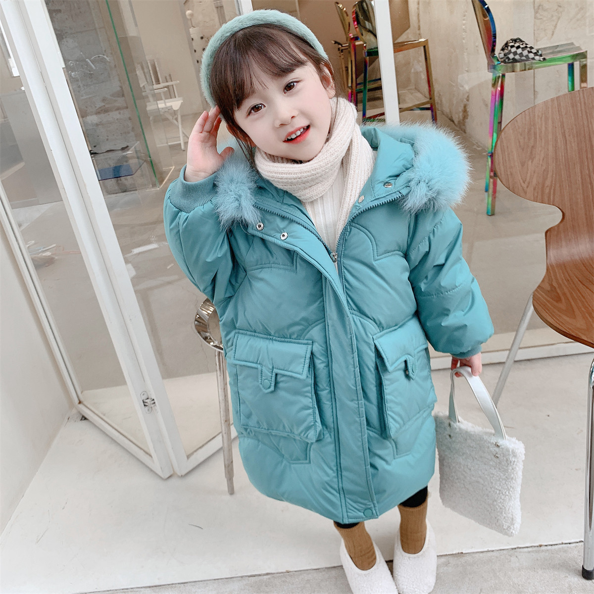 Girl's down clothes 2022 new winter child clothes Thickening Medium Long Version Closeted Waist 90 White Duck Suede Children's Jacket