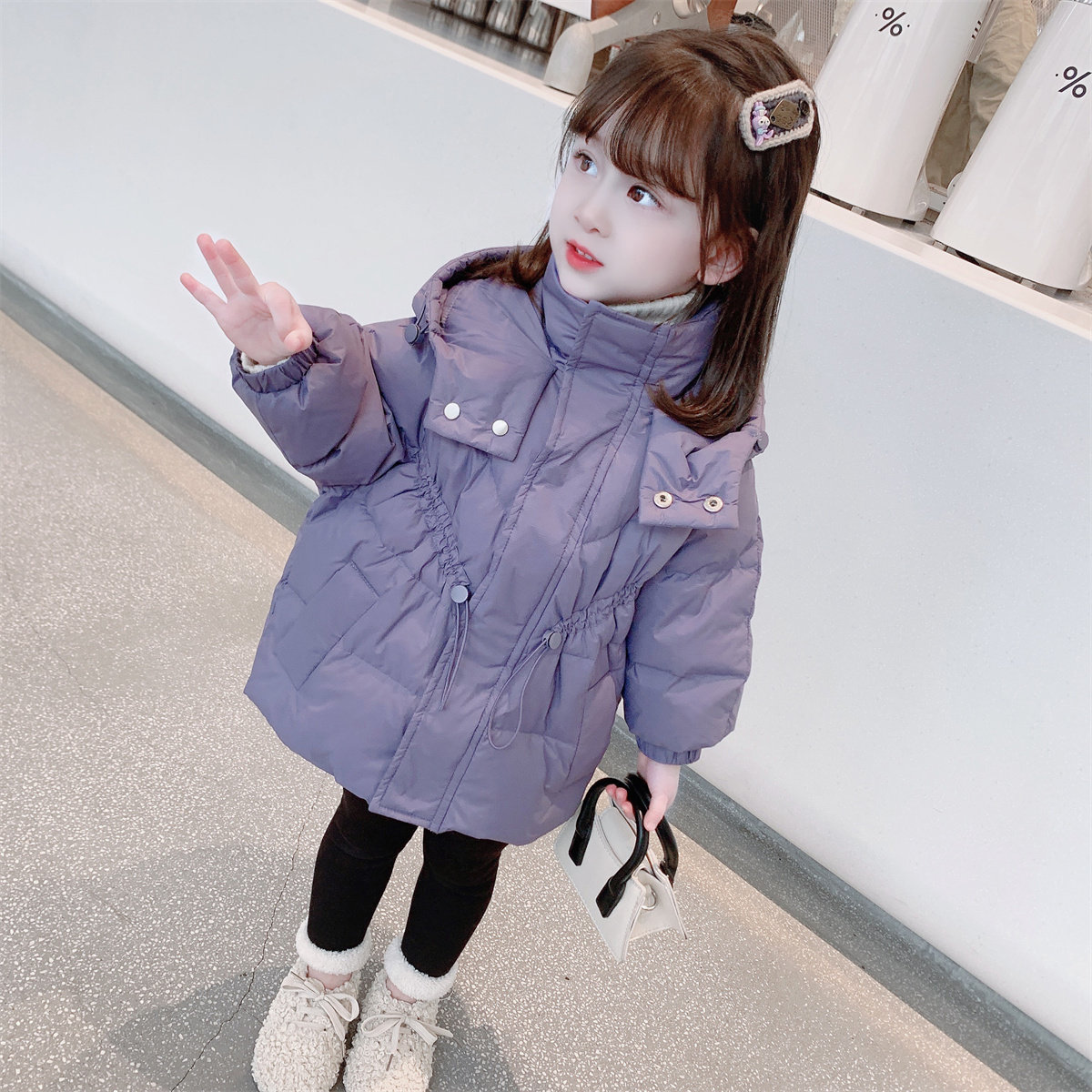 Girl 90 white duck down down down jacket 2021 girl's winter dress new female baby thickened warm even hat jacket boy