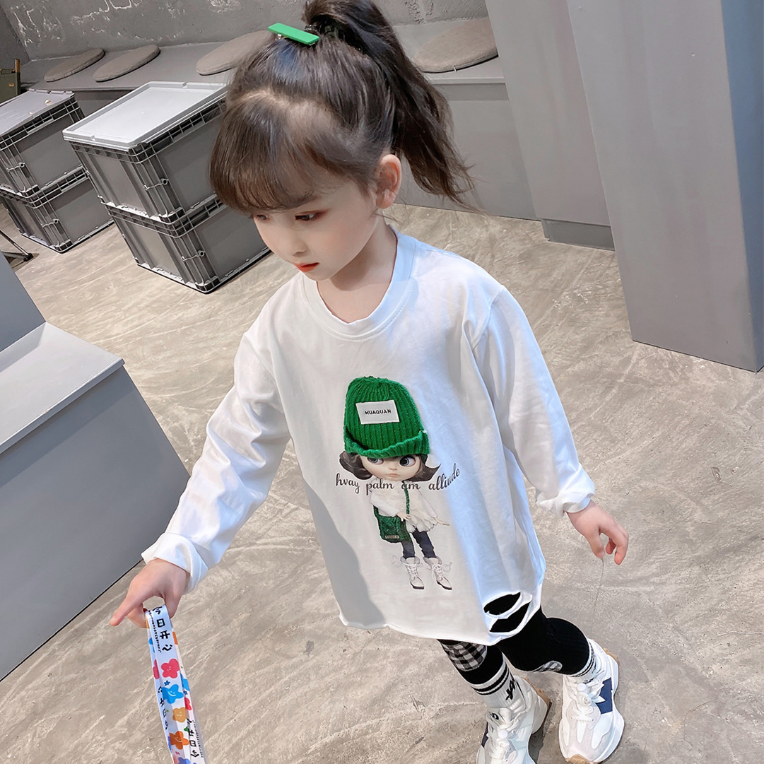 Girl's mid-length version Long sleeves T-shirt Undershirt Spring Autumn Children Dress 2022 Spring Dress New Foreign Pie Children Breaking Blouse