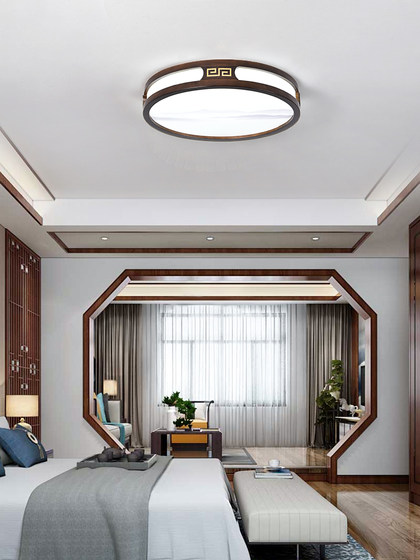 实木新中式客厅灯吸顶灯led超薄长方形厅灯橡木灯饰胡桃木色灯具