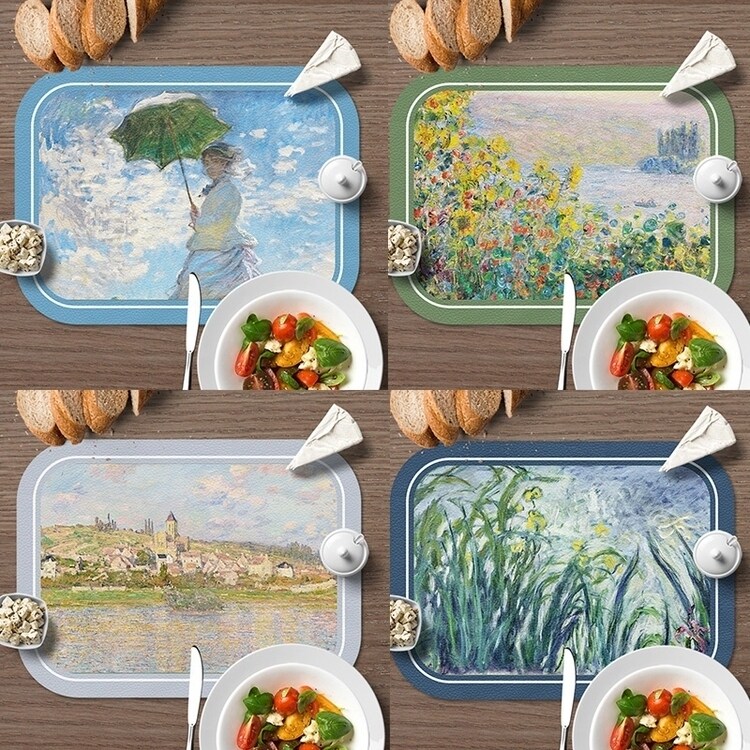 Monet light and luxurious oil painting leather table cushion Western dining cushion small dining cushion waterproof and oil-proof and anti-scalding dinner plate bowl cushion