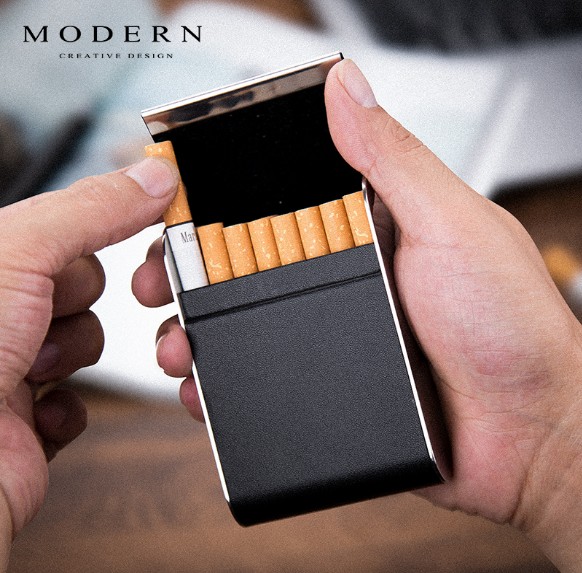 German Modern stainless steel side fragrant tobacco box Men's creative cow leather cigarette box ultra-thin tobacco box 10 16 20