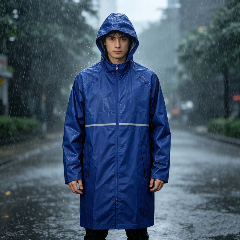 Four-Season Mid-Length Hooded Raincoat for Men and Women, Couples' Zippered Reflective Rain Jacket, Breathable with Mesh Lining Four-Season Mid-Length Hooded Raincoat for Men and Women, Couples' Zippered Reflective Rain Jacket, Breathable with Mesh Lining