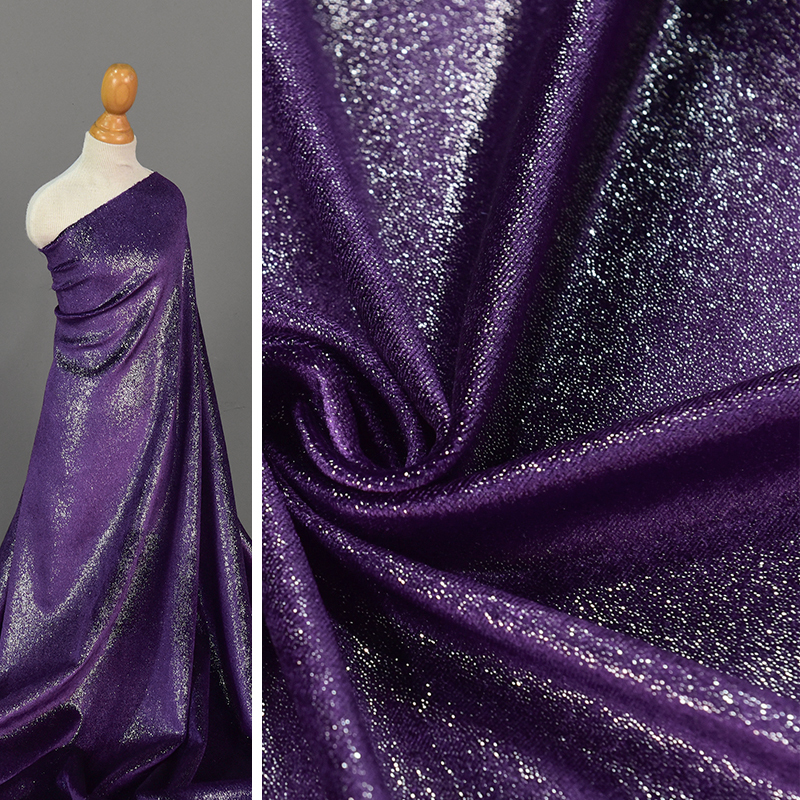 Purple Glitter Velvet Korean Gold Velvet Fabric, Smooth Drape, Four-Way Stretch, Designer Fabric for Dresses and Coats