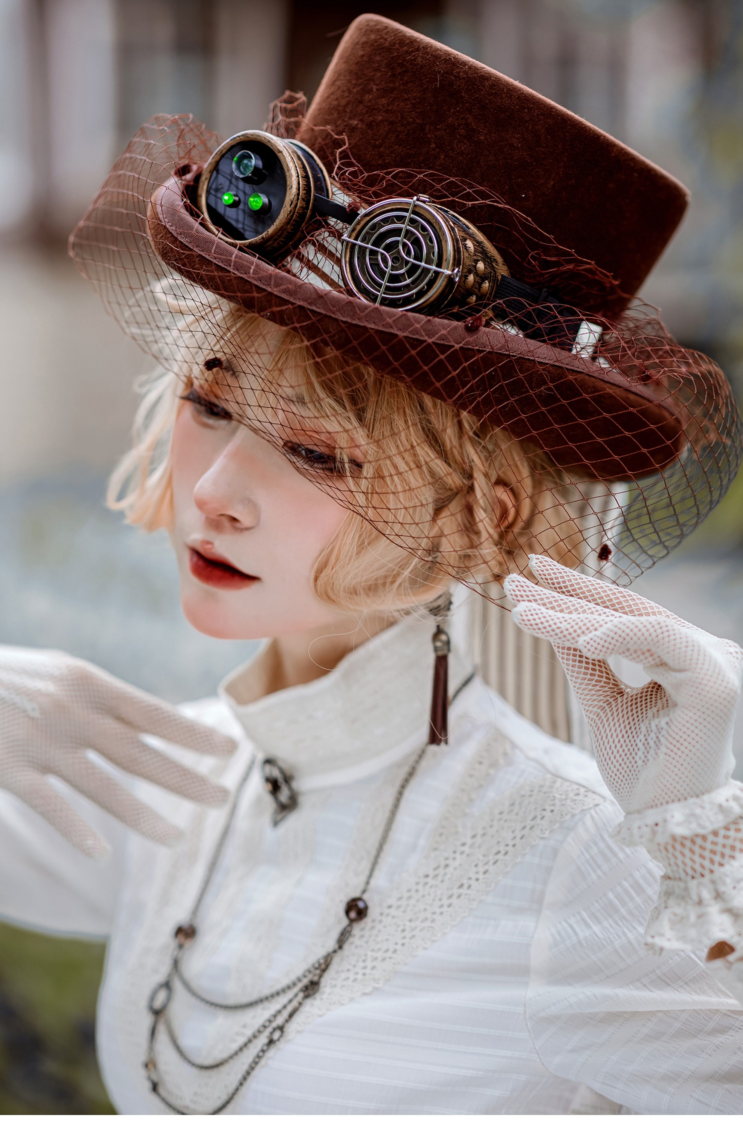 スチームパンク ゴシック レトロ ハイネックシャツ オフホワイト