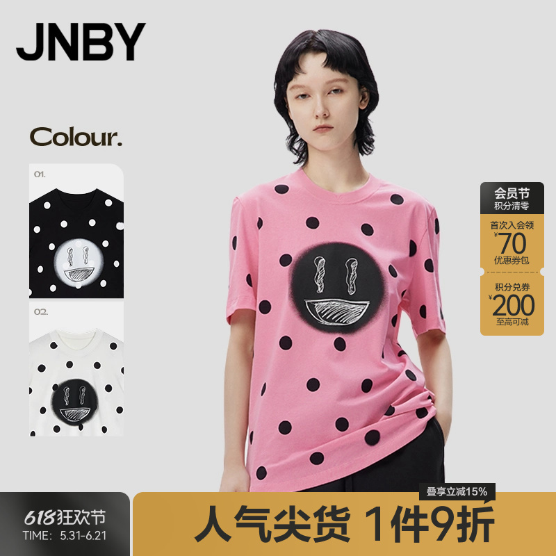 Jnby/Jiangnan Cloth Spring and Autumn Printed T-Shirt for Women Polka Dot Short Sleeve Top with Smiley Face Pattern Pullover