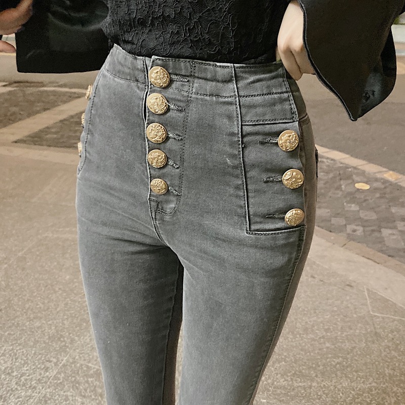 Grey High Waist Jeans Women's Tide ins2022 Spring Autumn New Korean Version 100 Hitch Slim Fit Pencil Smoke Pipe Pants