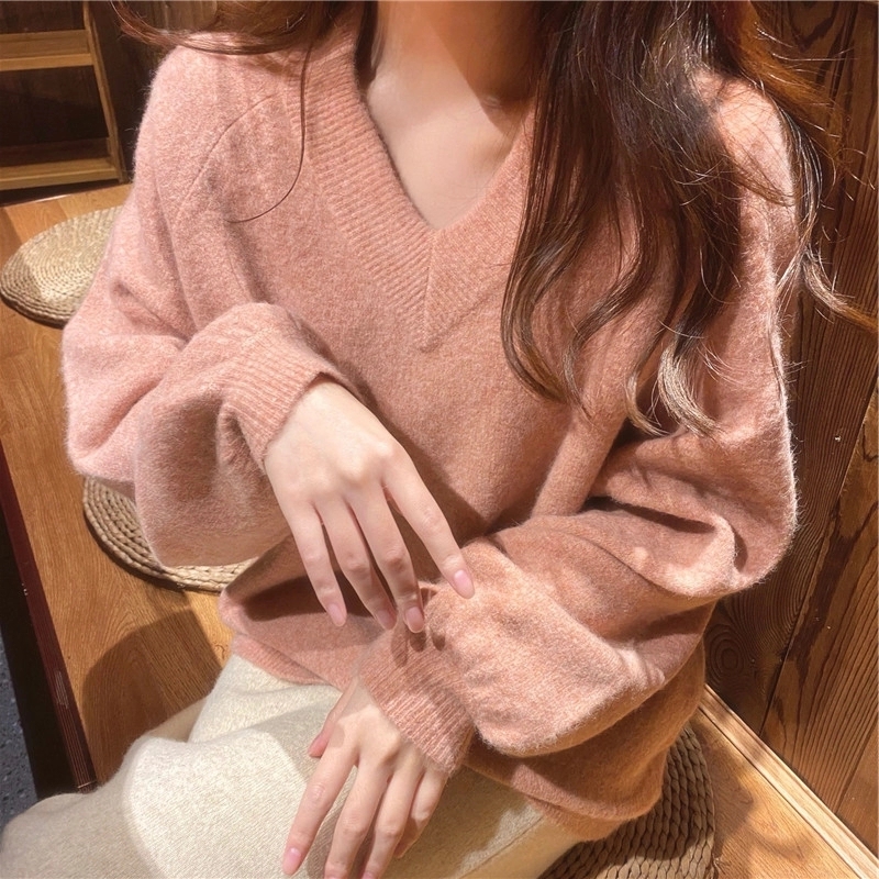 Pink V-Neck Sweater Women's 2022 Spring and Autumn New Small Loose Lazy Wind Bottoming Cashmere Knit Sweater Top