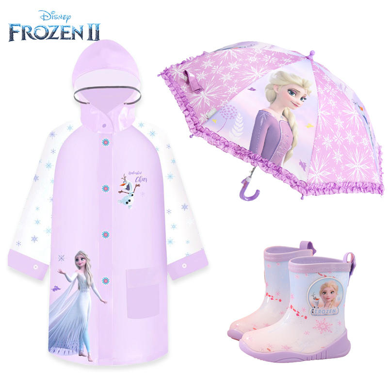 Disney Raincoat Kidsren's Three-Piece Set Elsa Princess Girls' Rain Boots Cartoon Umbrella Toddler Primary School Student Poncho