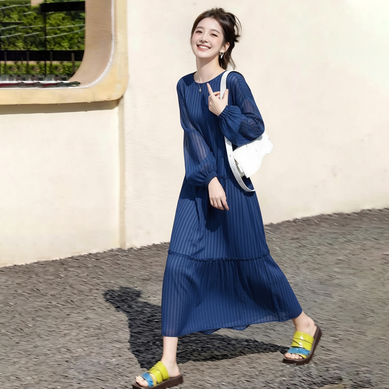 French-Style Blue Striped Long-Sleeve Dress for Women, Summer 2026 New Model, Stunning and Unique Design, Slimming Long Dress