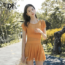 2021 new DK swimsuit womens one-piece skirt covering belly thin conservative small chest gathered swimsuit sexy hot spring swimsuit