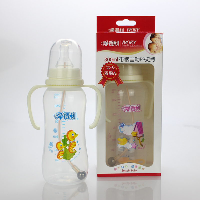爱得利圆弧形标准口径带手柄带吸管带奶嘴全自动PP奶瓶300ml A68