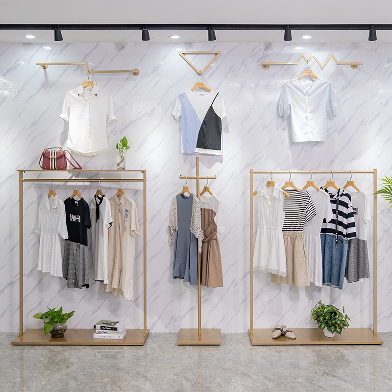 Golden Clothing Store Show Rack Landing Style Women's Clothing Store Shelf Clothes Hanger Iron Art Middle Island Display Rack Upper Wall Clothes Hang
