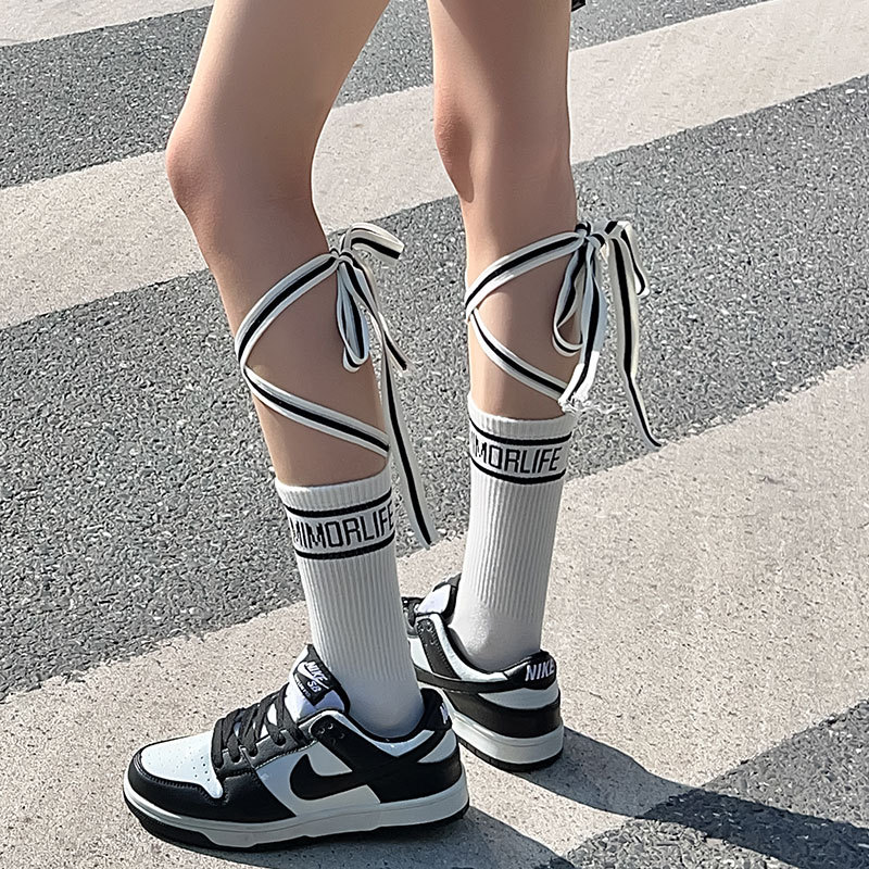 Trendy Cross-Tied Socks, Same Style as Mrs. Chen, Pure Cotton Calf Socks with Letters, Korean and Japanese Style Long Socks for Autumn and Winter