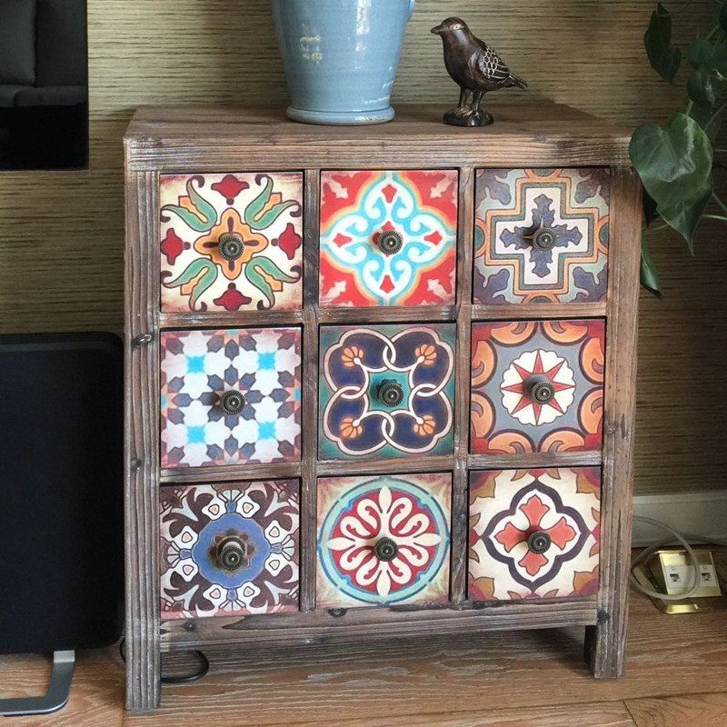 American country Mediterranean solid wood porch cabinet retro old 9 drawer cabinet storage storage cabinet furniture decorative cabinet