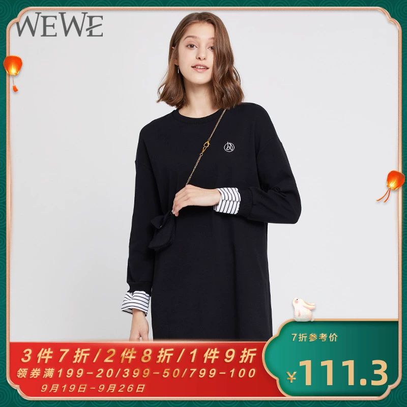 WEWE Weiwei mùa xuân và mùa thu phong cách mới váy giản dị giảm béo của phụ nữ khâu váy áo len dài giữa của phụ nữ Phiên bản Hàn Quốc - váy đầm