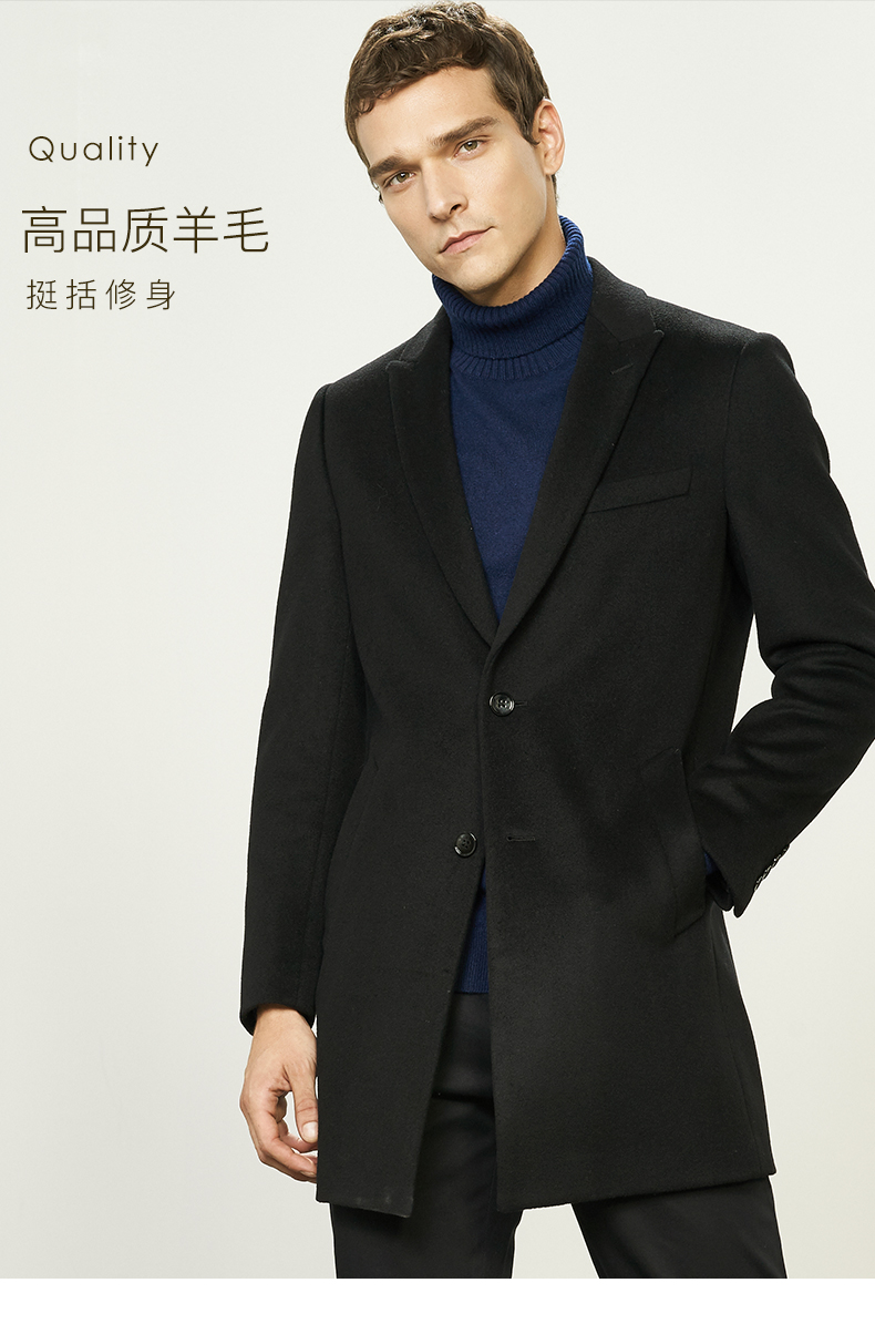 威可多 男士修身中长款 商务休闲毛呢大衣 图1