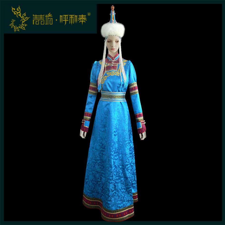 (Qingzangfang Fair and Tai) Custom Mongolia Fashion gown blue Mongolian gown original design handmade crafts 