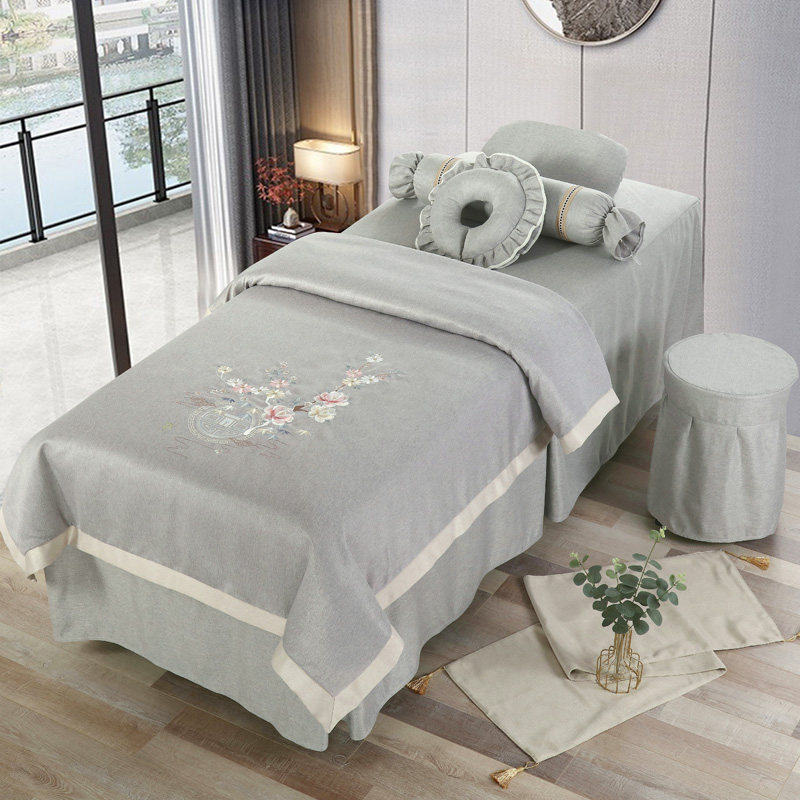 High-end beauty bed cover with four pieces of pure cotton numb European-style light lavish pure color embroidered quilt cover physiotherapy massage bed single with hole