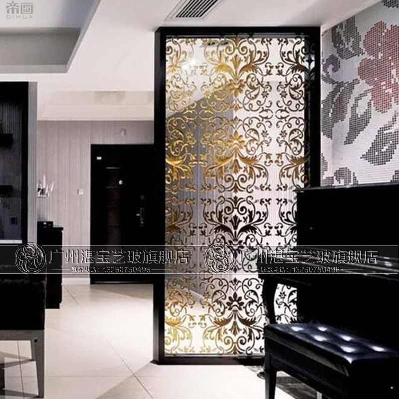 Art glass screen partition carving Huanxian Xuan TV Background wall living room double side process tempered European pattern