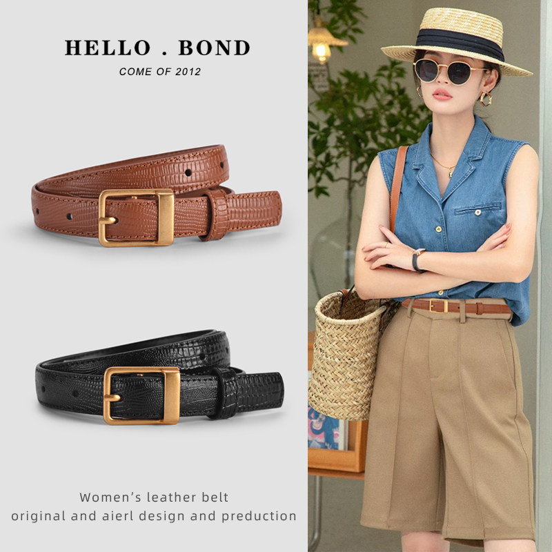 Women's Belt Brown Leather Retro Versatile Cowhide Belt Women's Fine Decoration Summer Black High-Level Sense Belt Trendy