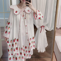 INS Nordic cute Korean spring and summer fresh strawberry robe big lapel light long sleeve nightgown home clothing pajamas