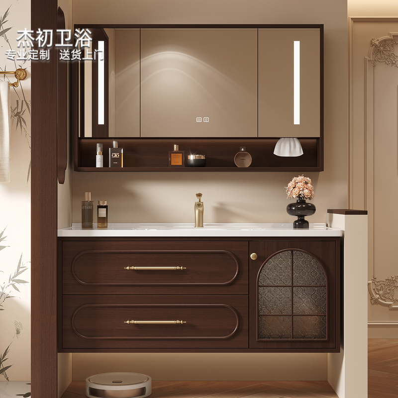 French-Style Vintage Solid Wood Bathroom Cabinet Set with Integrated Ceramic Basin for Washing and Grooming