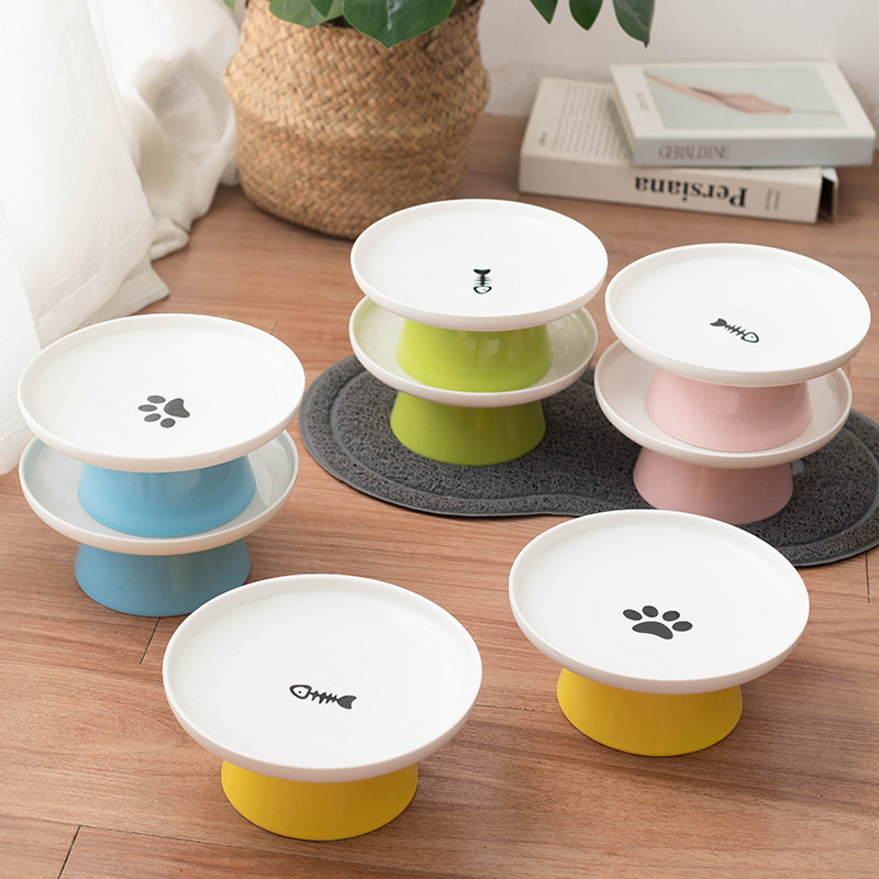 Cat bowls ceramic food basin drinking water drinking water bowls high foot bowl shallow mouth bowl Garfy cat special anti-overturning protection cervical spine